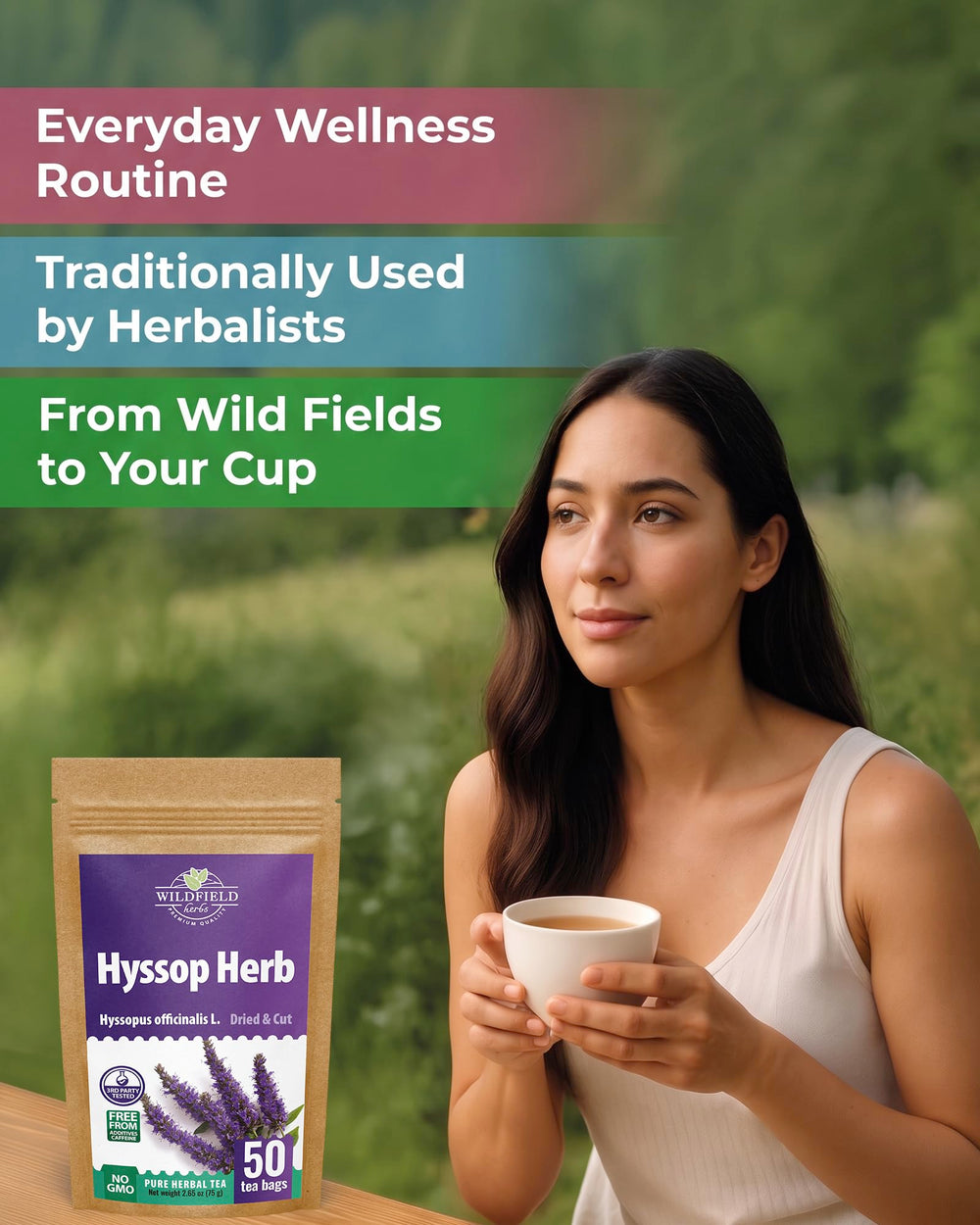 WILDFIELD HERBS close-up of a single hyssop tea bag highlighting convenience