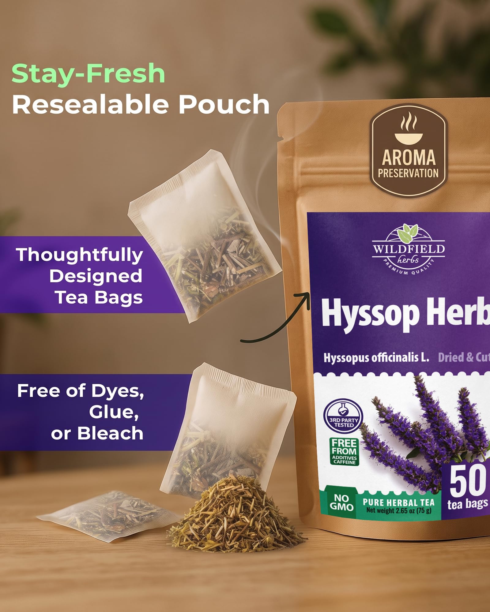 WILDFIELD HERBS tea bag steeping in cup demonstrating easy preparation