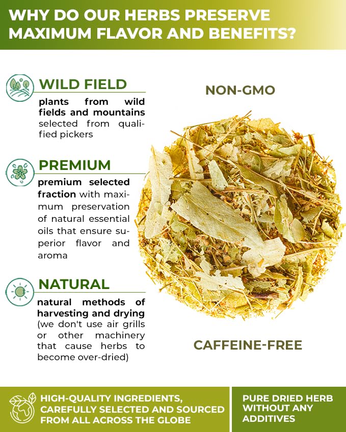 WILDFIELD HERBS dried linden flowers detail, visible quality and aroma