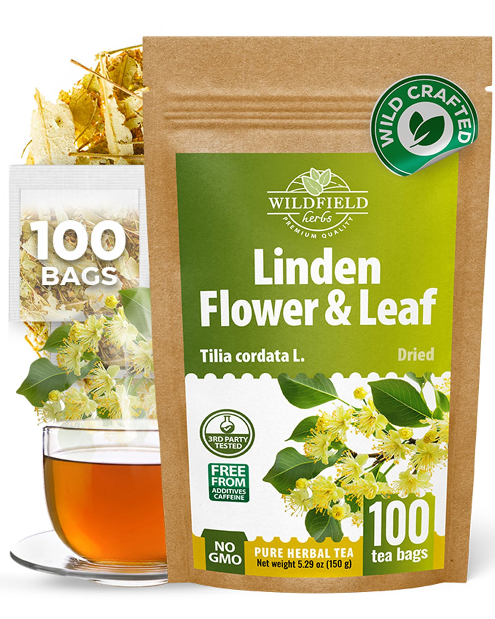 WILDFIELD HERBS front box showing 100-count linden tea, convenient supply