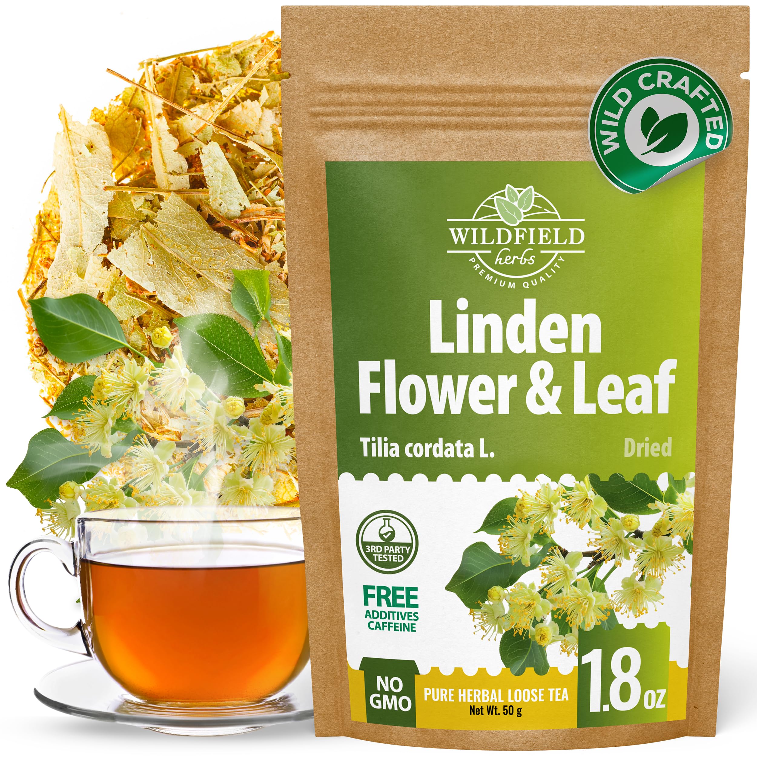 WILDFIELD HERBS front packaging showing boxed 50 g linden tea, clear labeling benefit: easy recognition