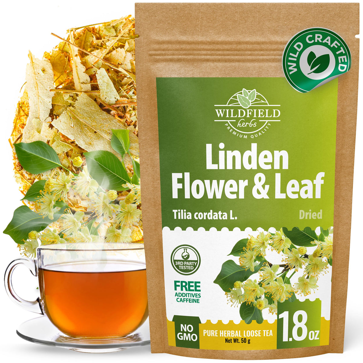 WILDFIELD HERBS front packaging showing boxed 50 g linden tea, clear labeling benefit: easy recognition