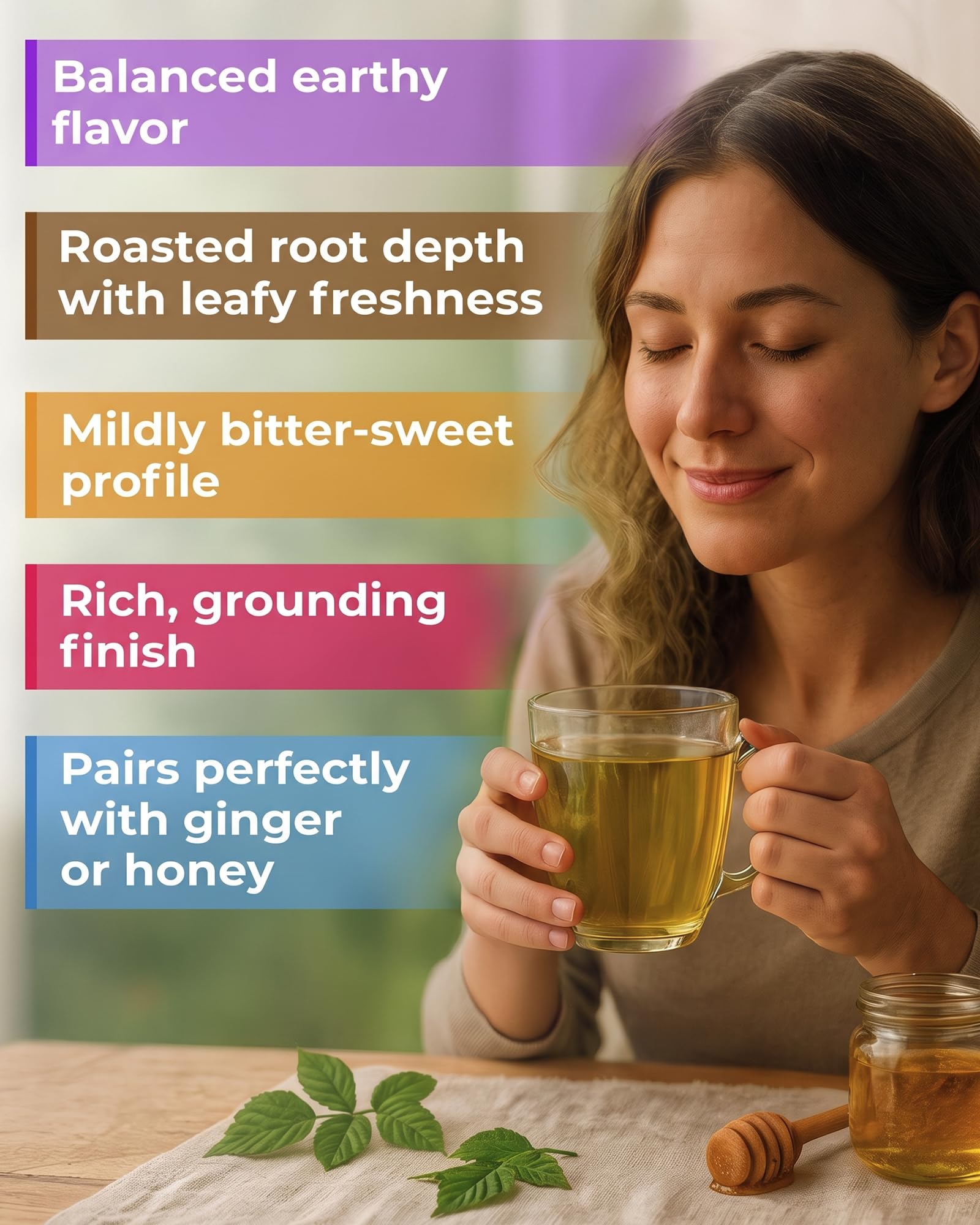 WILDFIELD HERBS pouring brewed dandelion tea from a teapot into cup