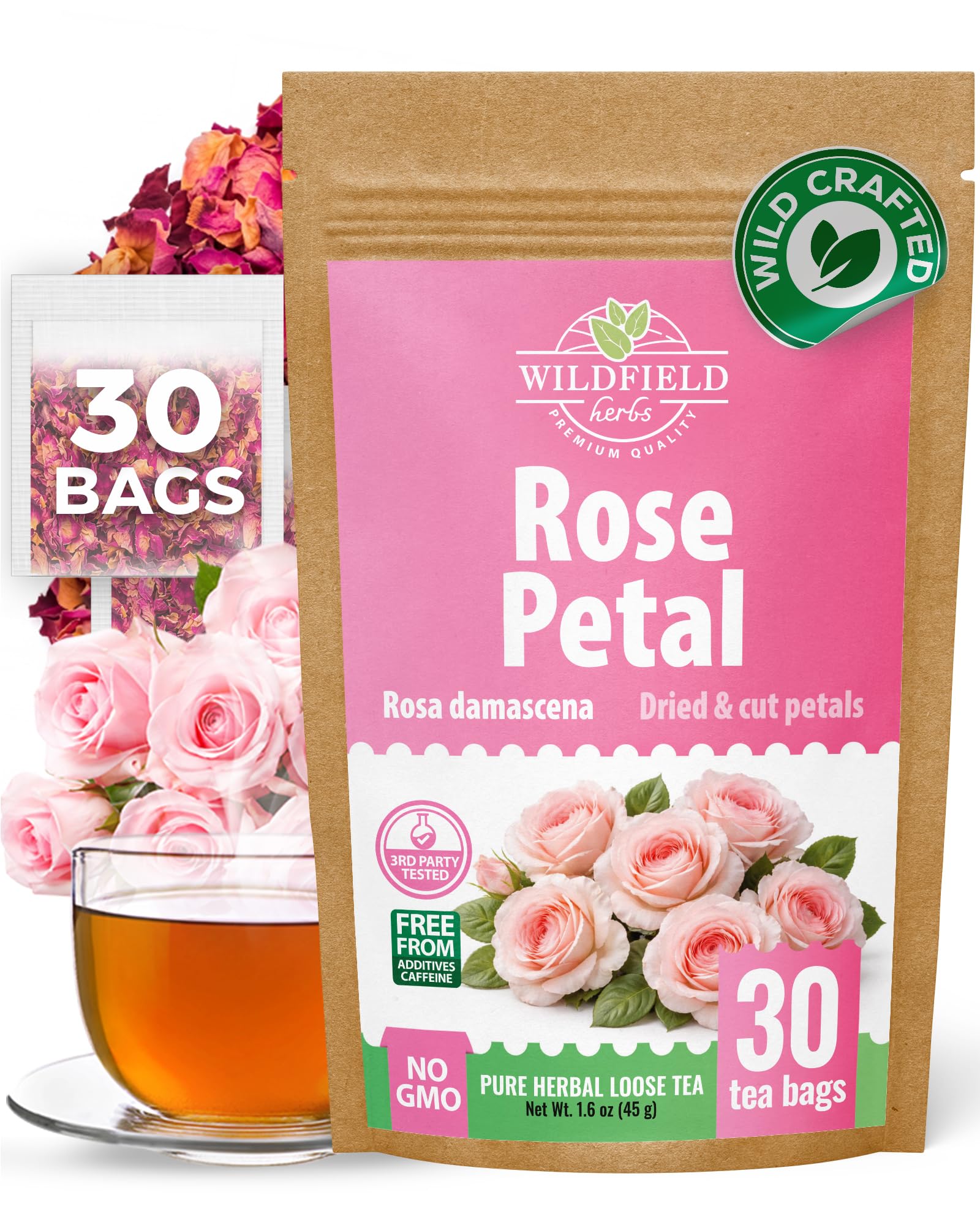 WILDFIELD HERBS front box view showing 30 sealed rose petal bags and brand