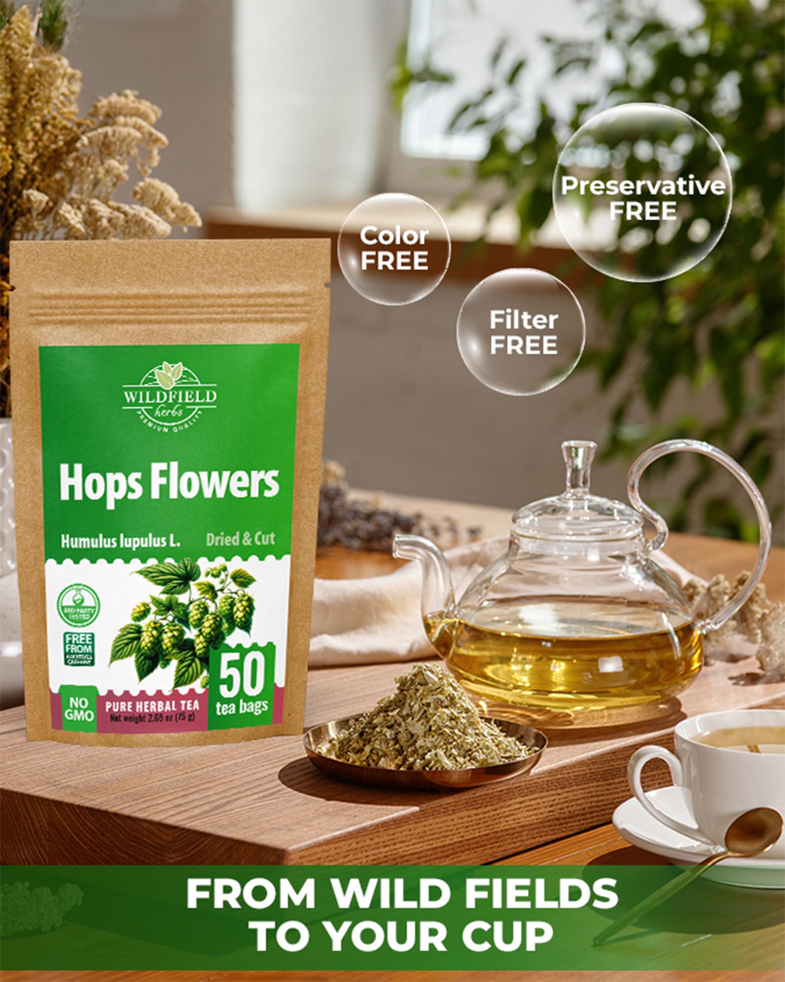 WILDFIELD HERBS opened sachets on a spoon showing pre-measured portions for convenience