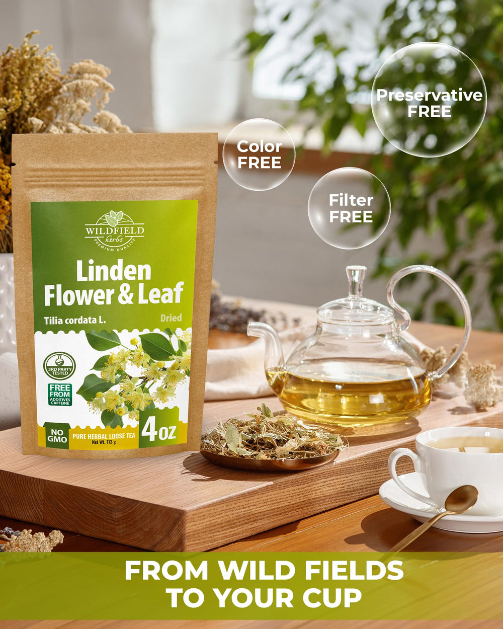 WILDFIELD HERBS product beside a measuring scale illustrating the 4 oz (113 g) size