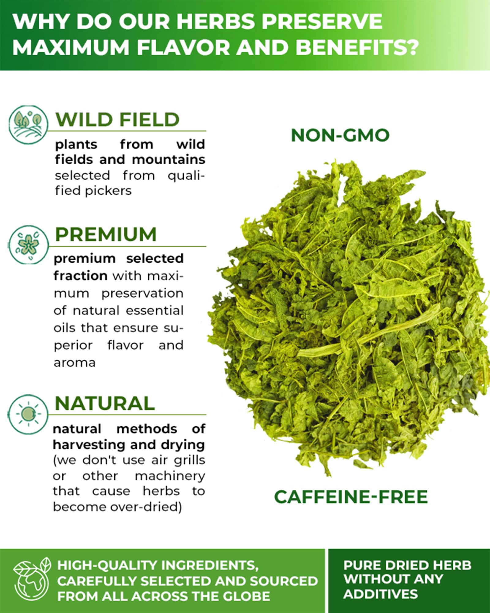 WILDFIELD HERBS single tea bag close-up showing filter texture and clean cut leaves inside