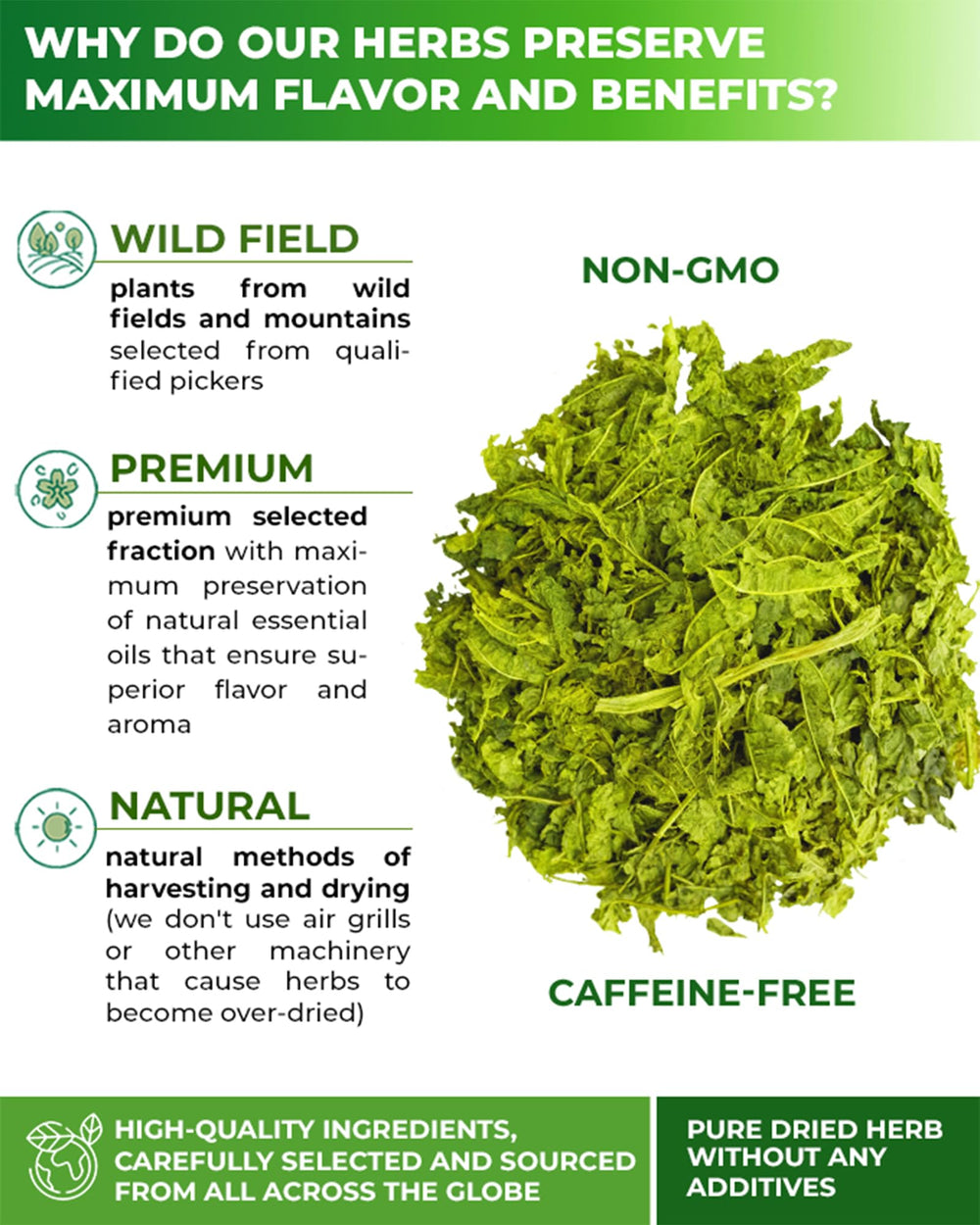 WILDFIELD HERBS single tea bag close-up showing filter texture and clean cut leaves inside