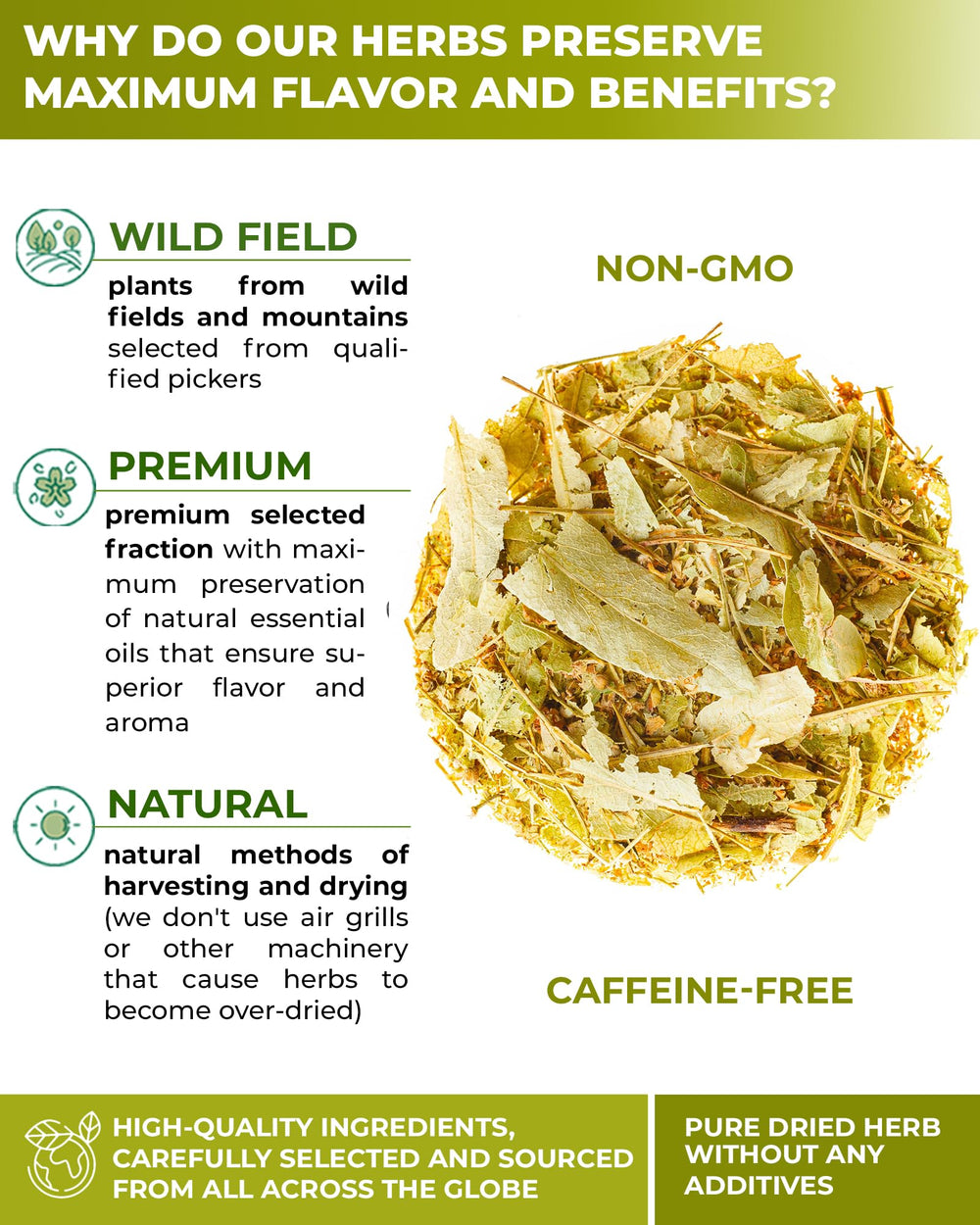 WILDFIELD HERBS cup of steeped linden tea with golden color showing fragrant aroma