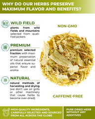 WILDFIELD HERBS cup of steeped linden tea with golden color showing fragrant aroma