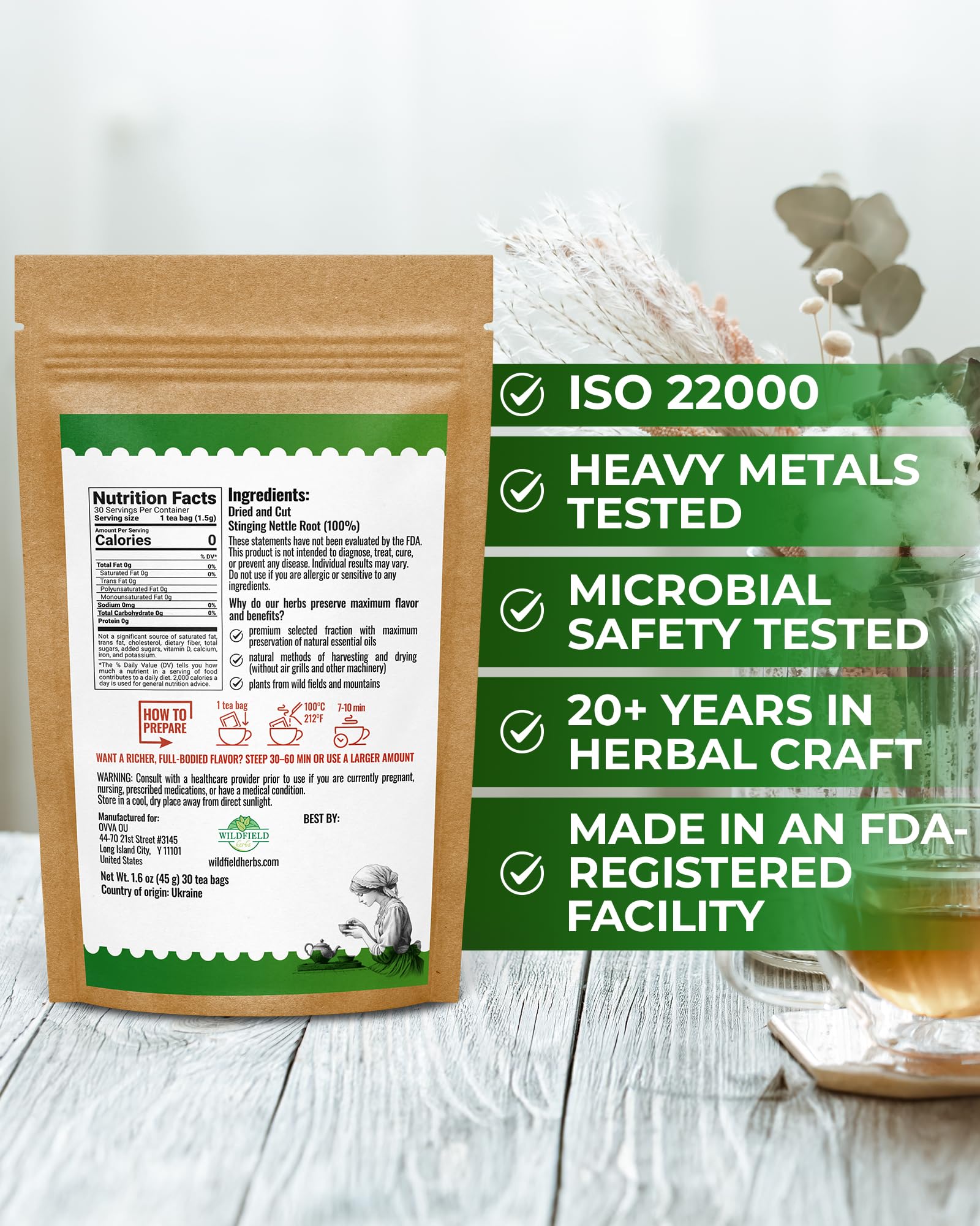 WILDFIELD HERBS single tea bag close-up highlighting sealed pouch and convenient brewing