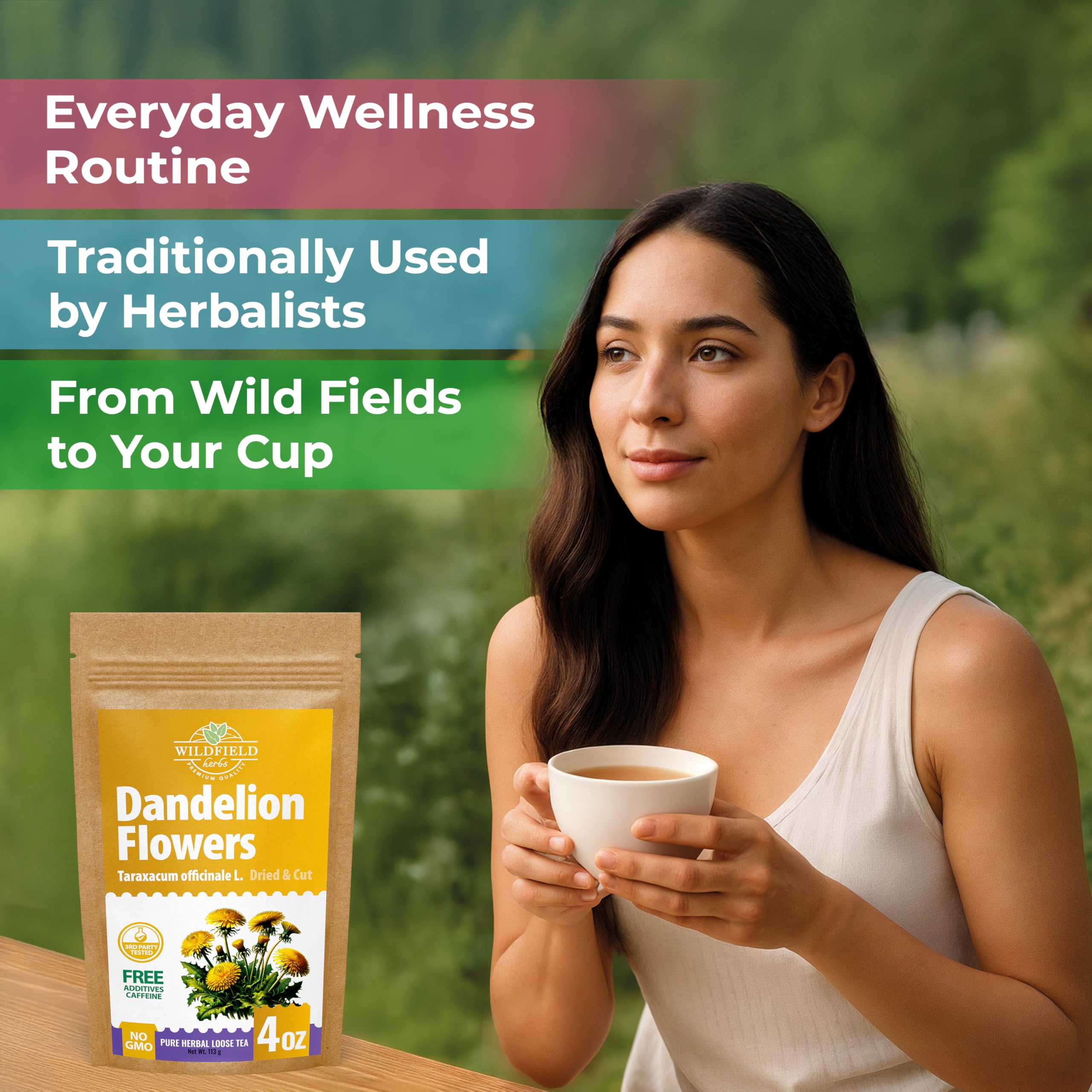 WILDFIELD HERBS brewed dandelion tea in cup, warm inviting flavor
