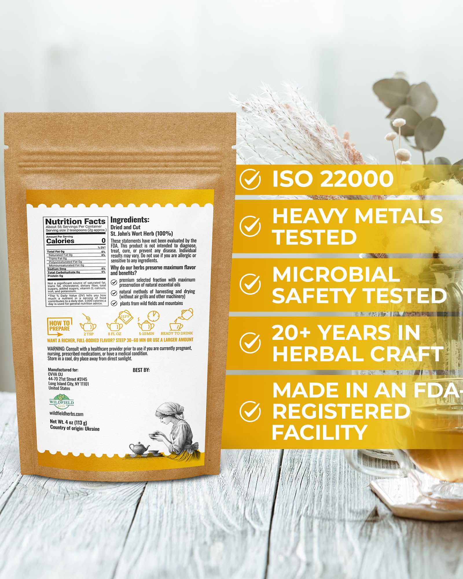 WILDFIELD HERBS brewed teacup steeping Hypericum showing infusion clarity and aroma