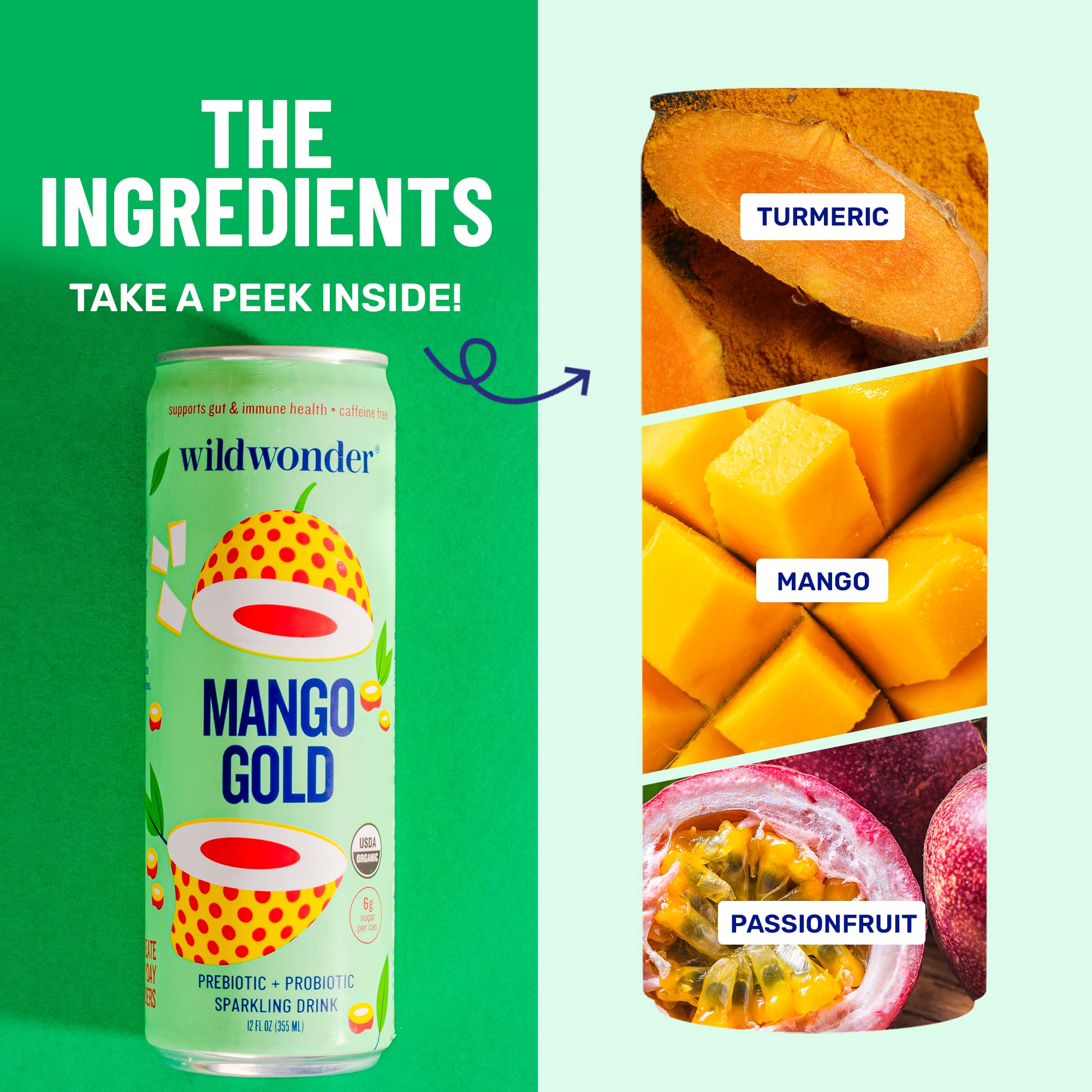 Wildwonder can beside whole mango for scale showing real fruit content benefit