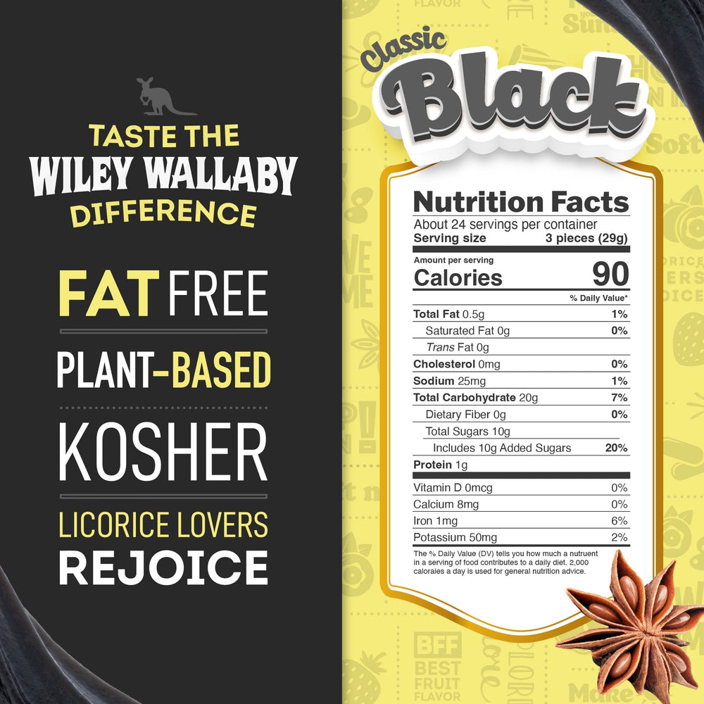 Wiley Wallaby close-up of chunky black licorice pieces highlighting chewy, bold flavor