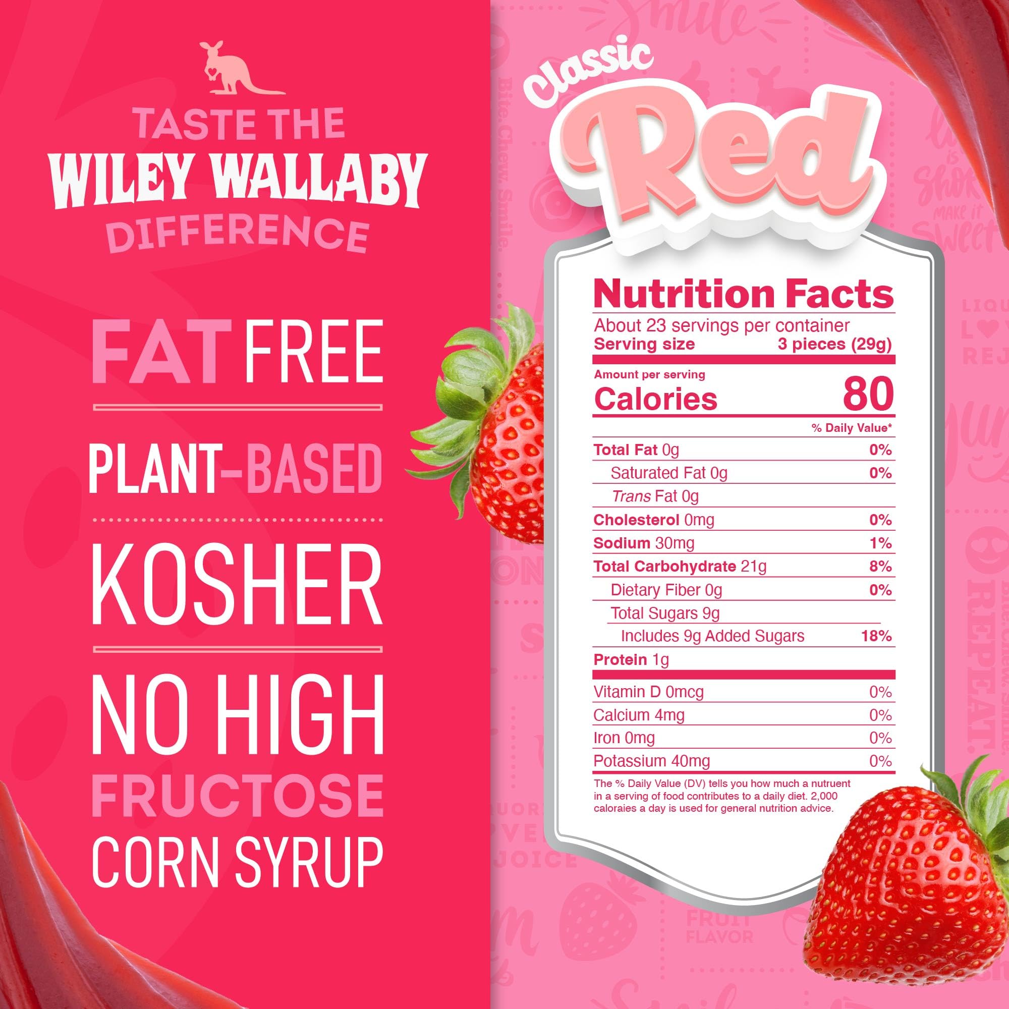 Wiley Wallaby close-up of chewy strawberry licorice texture highlighting thick pieces