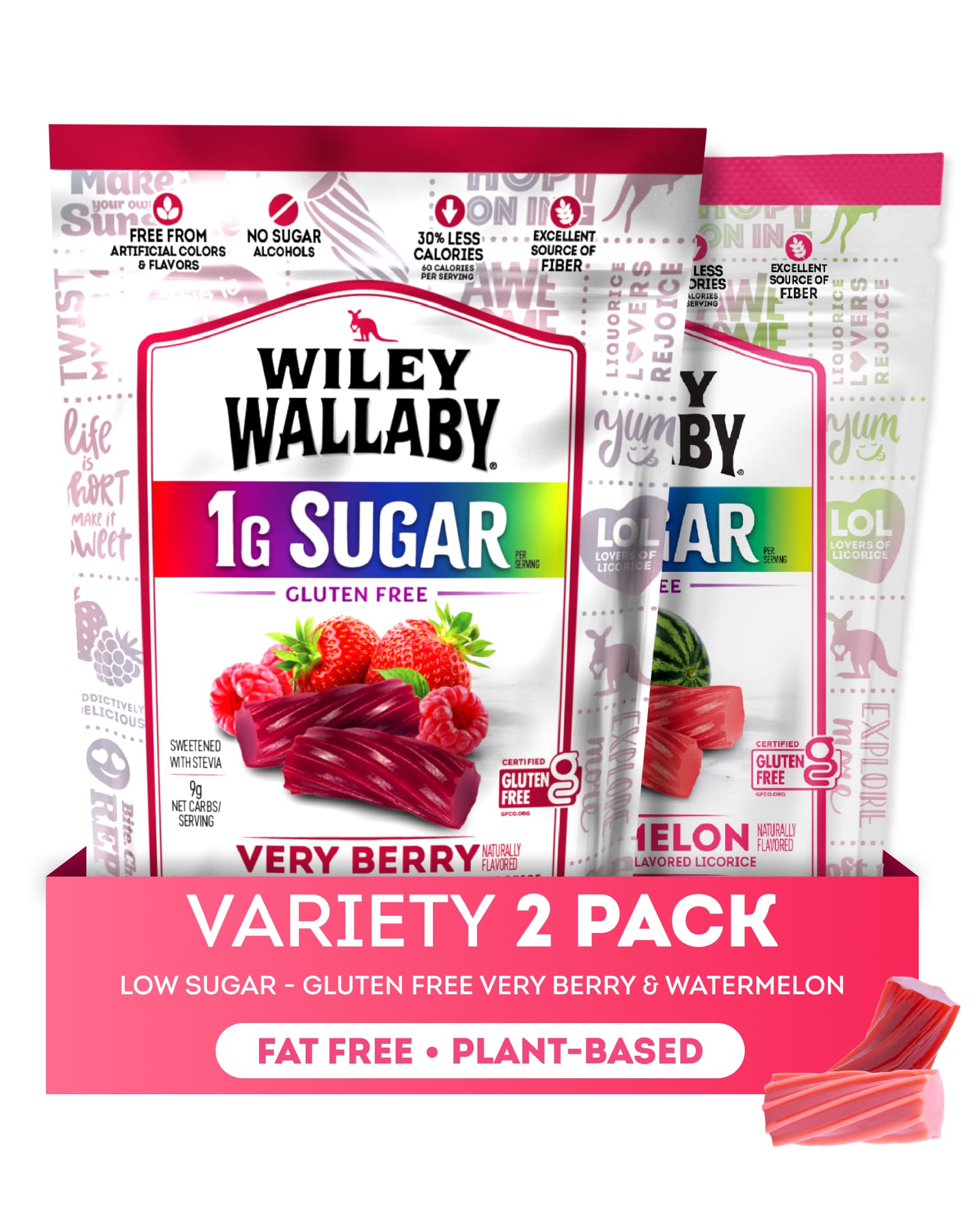 Wiley Wallaby front packaging showing berry and watermelon flavors and low-sugar benefit