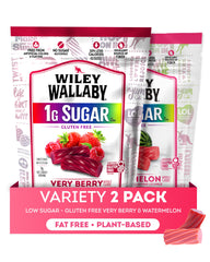 Wiley Wallaby front packaging showing berry and watermelon flavors and low-sugar benefit