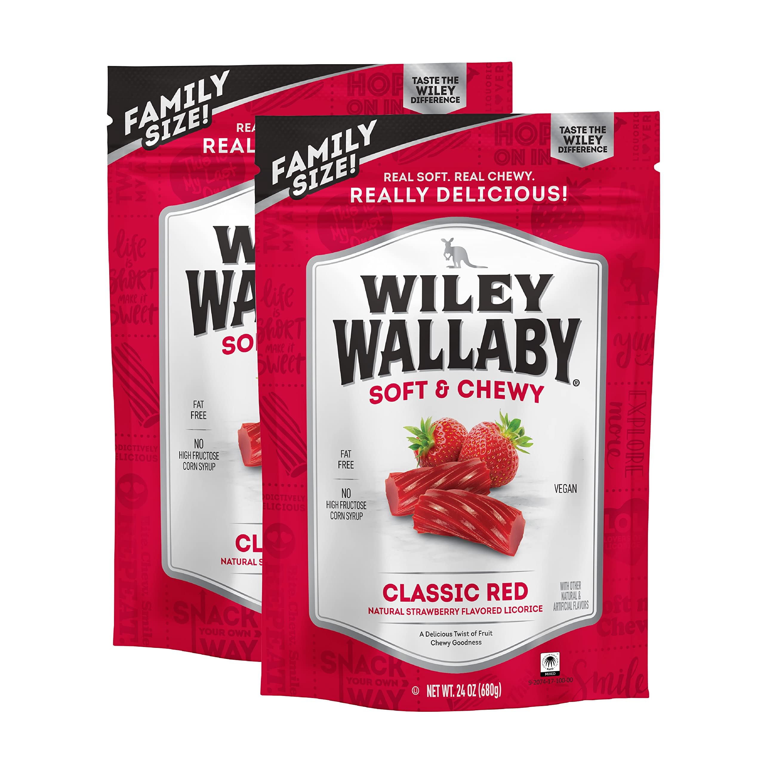 Wiley Wallaby front packaging showing strawberry licorice and resealable bag for freshness