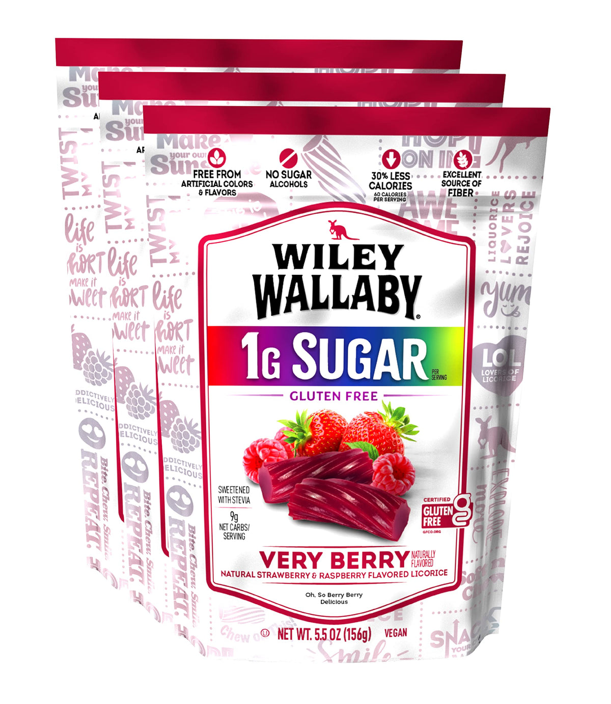 WILEY WALLABY front packaging showing very berry bag and resealable top for freshness