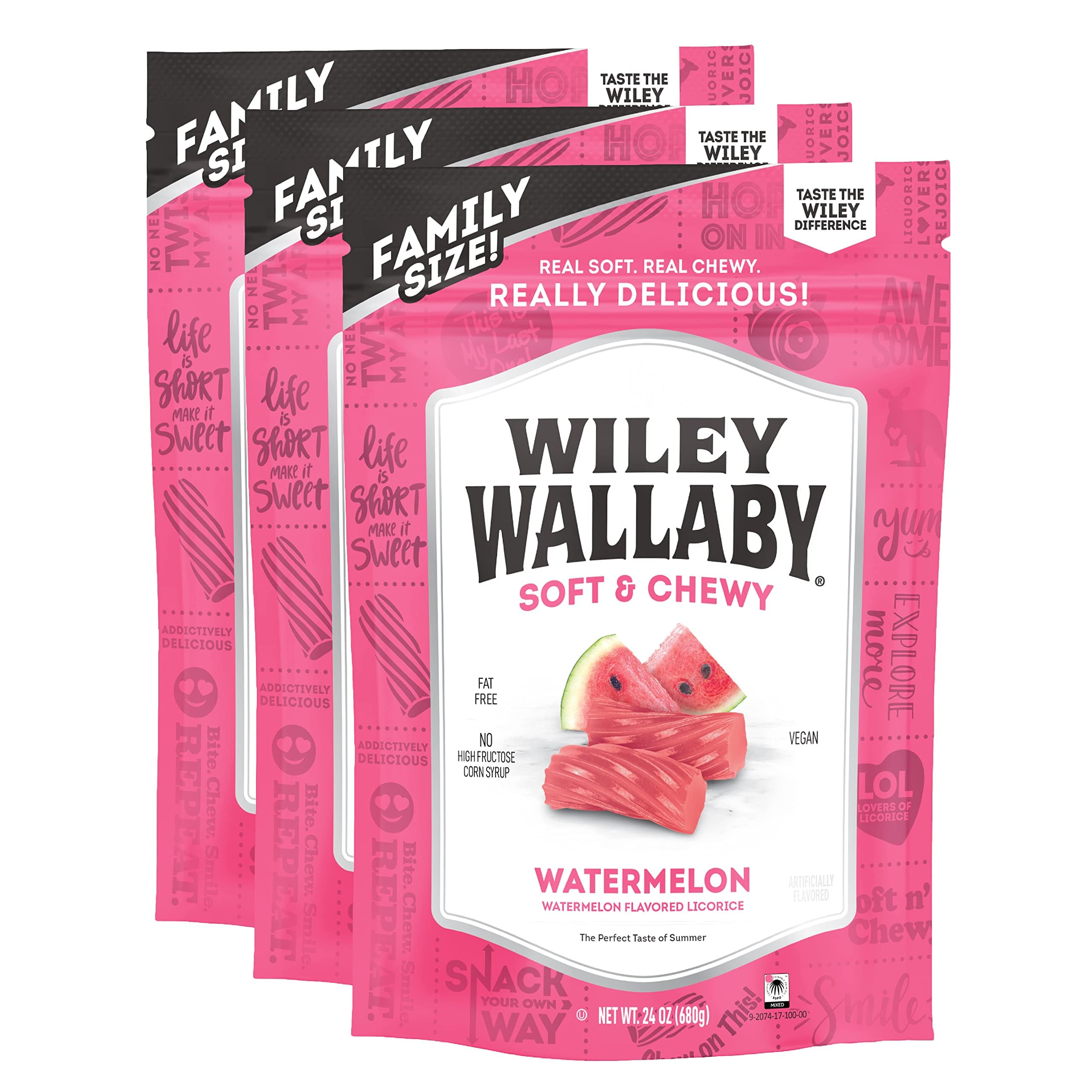 WILEY WALLABY front packaging showing watermelon licorice, bright appeal