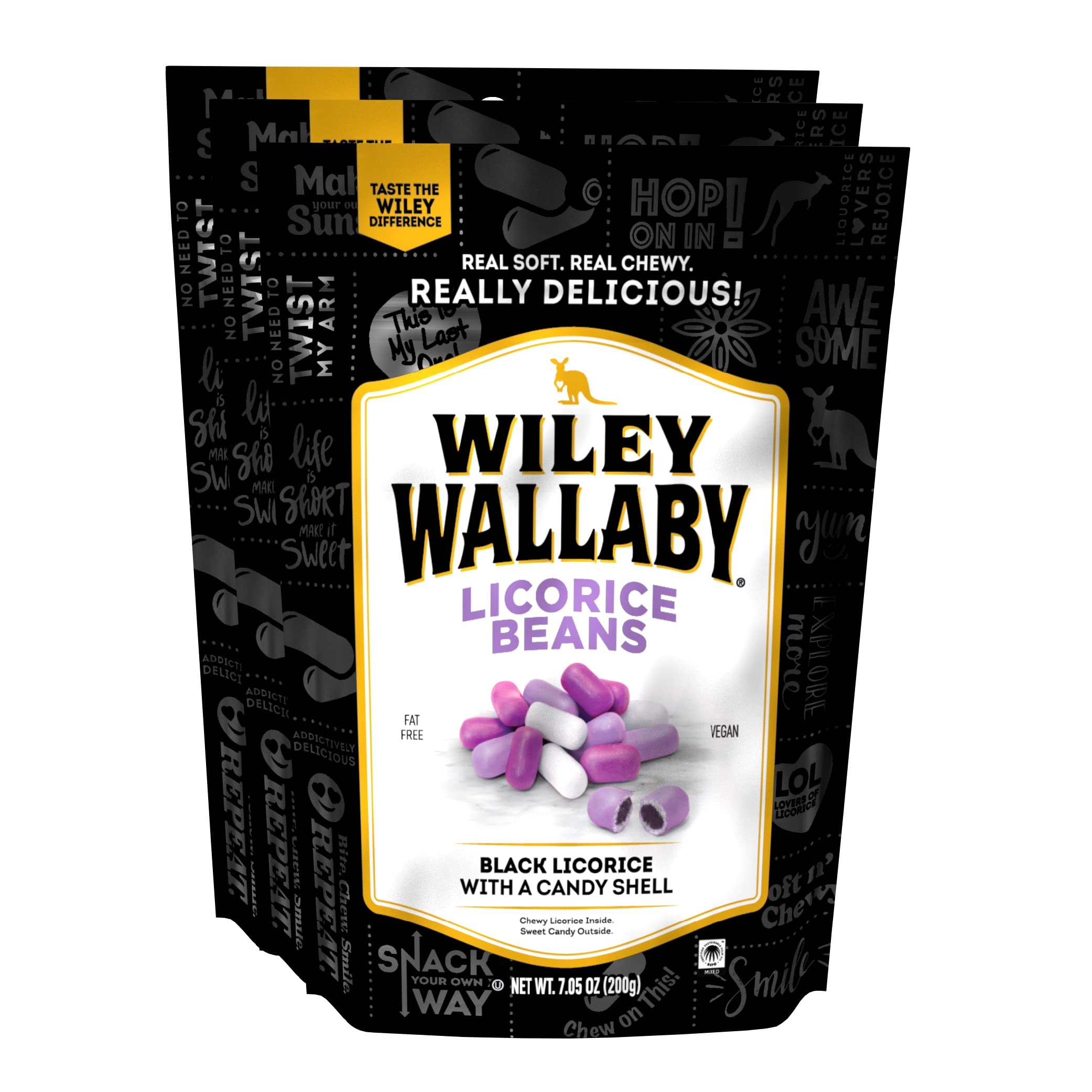 Wiley Wallaby front packaging showing three 7.05oz pouches and product branding benefit freshness
