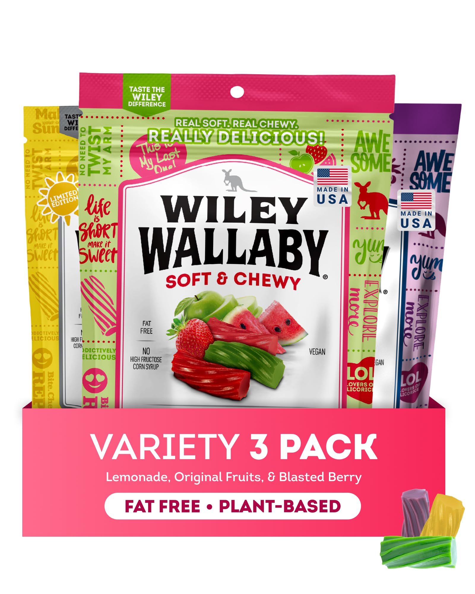 WILEY WALLABY front packaging showing all three 10oz bags and variety