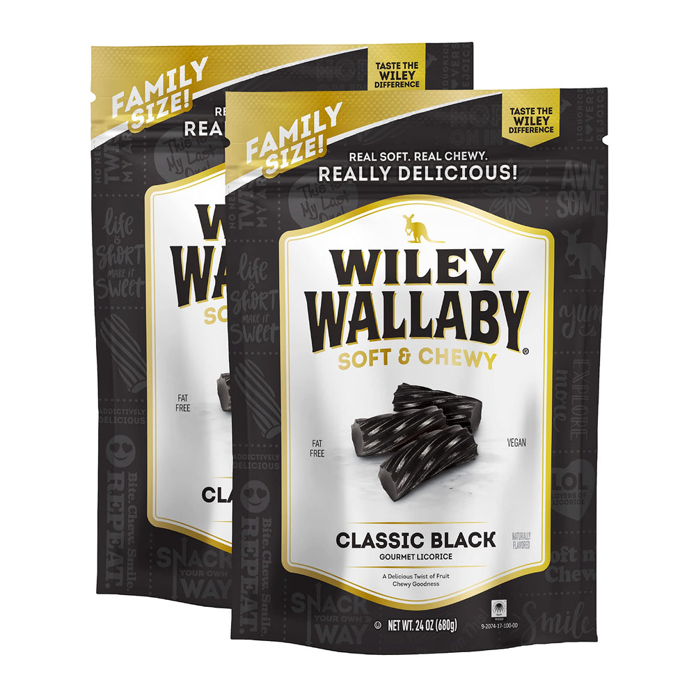 Wiley Wallaby front packaging showing 24oz two-pack and resealable bags for fresh snacking