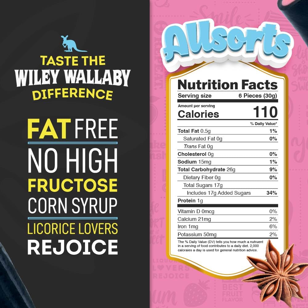Wiley Wallaby open bag spilling assorted black licorice pieces for easy snacking