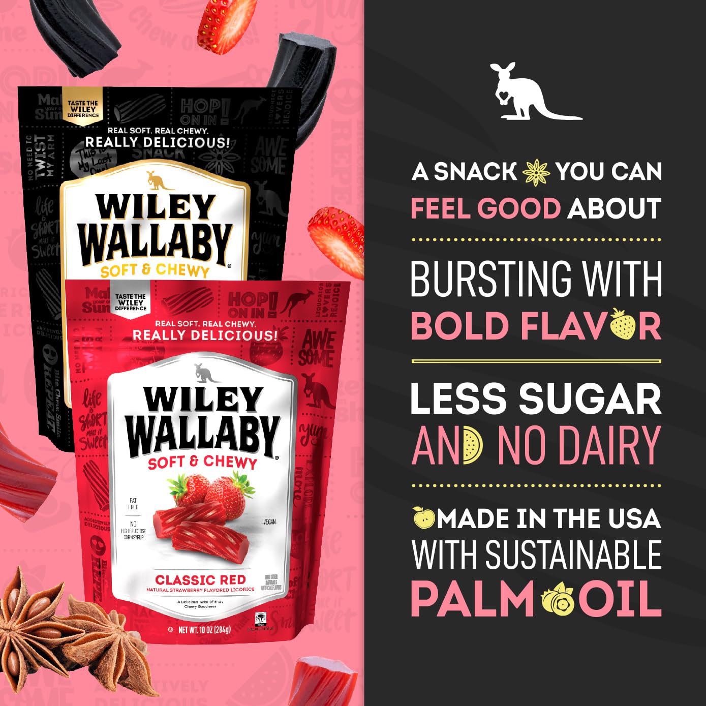 WILEY WALLABY resealable zipper pouch open to keep candy fresh