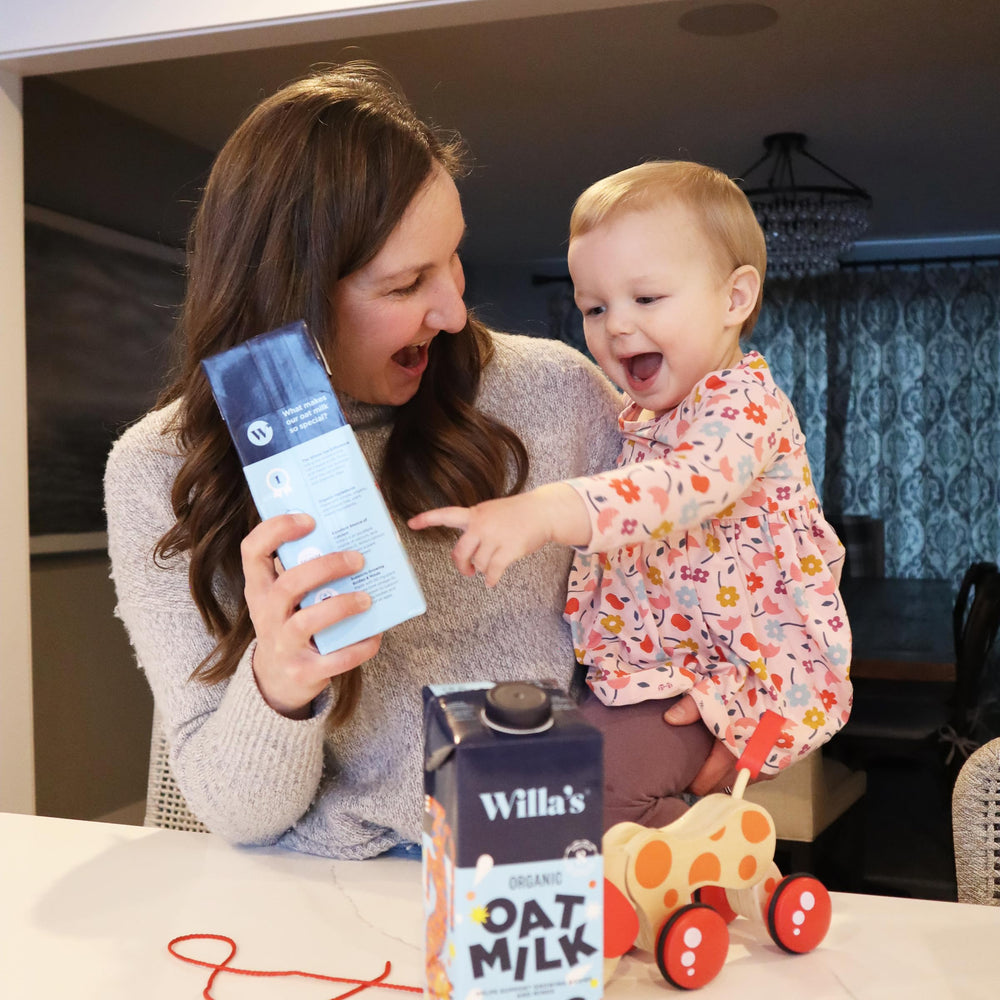 Hand holding Willa's carton for scale, showing family-friendly size