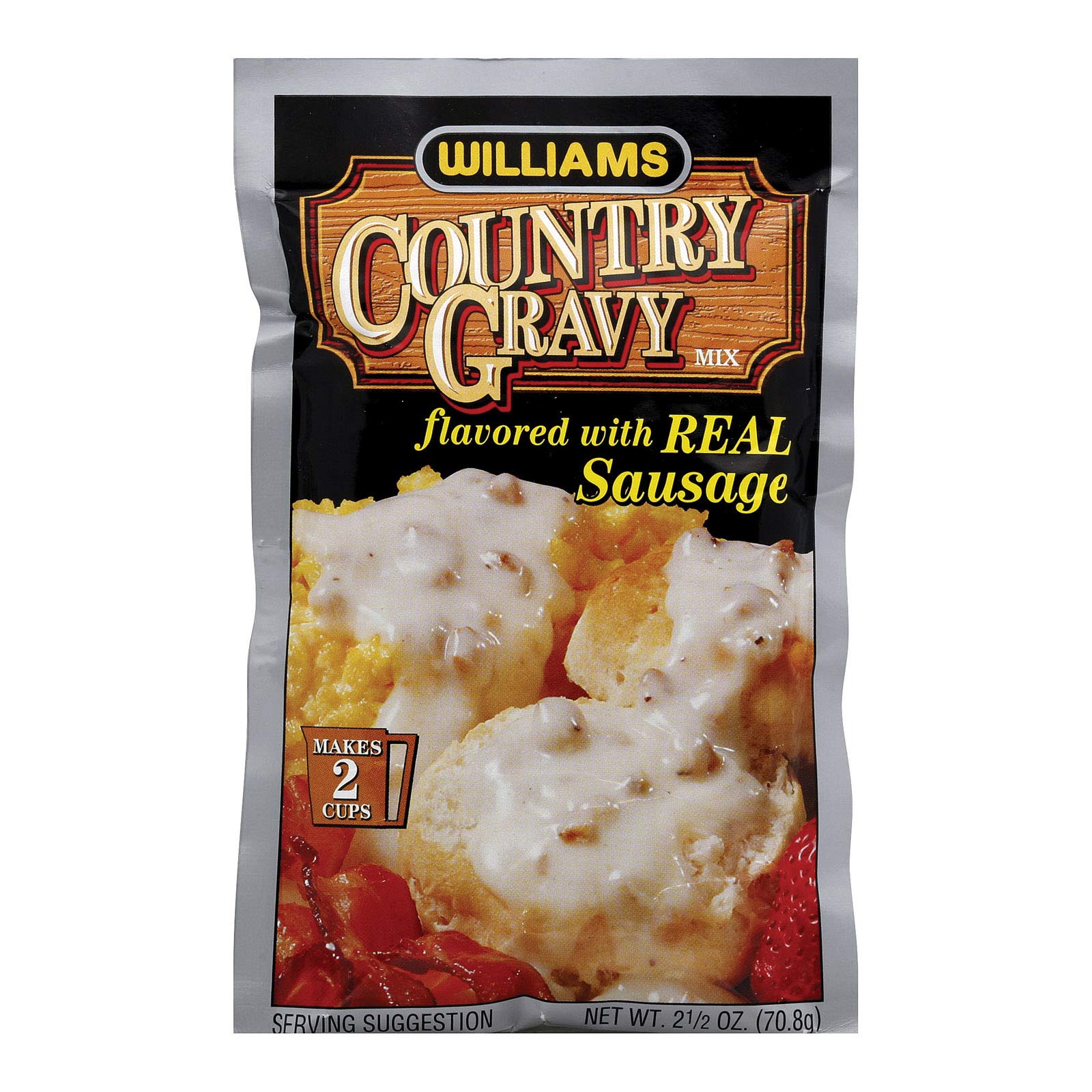 Williams sausage gravy mix packet front view showing brand and serving suggestion benefit