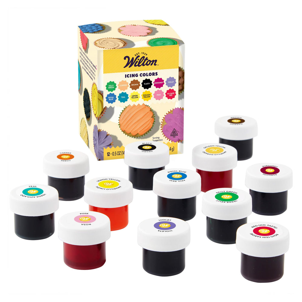 Wilton front packaging showing 12-count gel colors for vibrant decorating