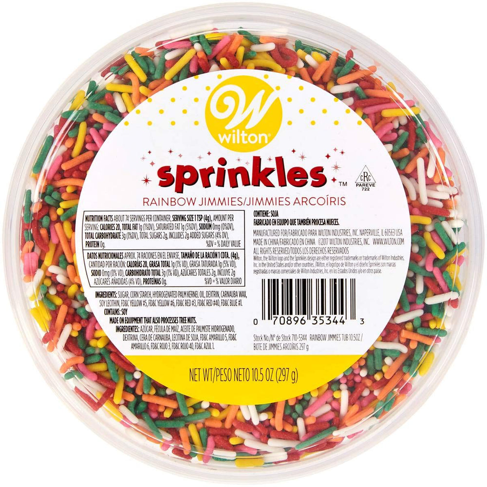Wilton jimmies sprinkle tub front packaging shows resealable lid and label benefit: easy storage