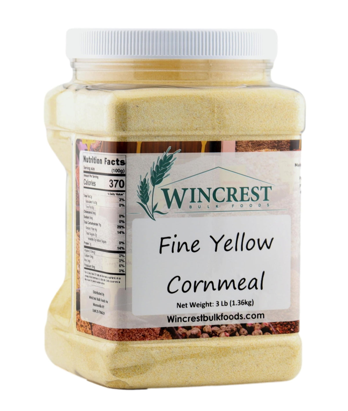 WinCrest Fine Yellow Cornmeal front tub shot showing packaging and pantry-ready convenience