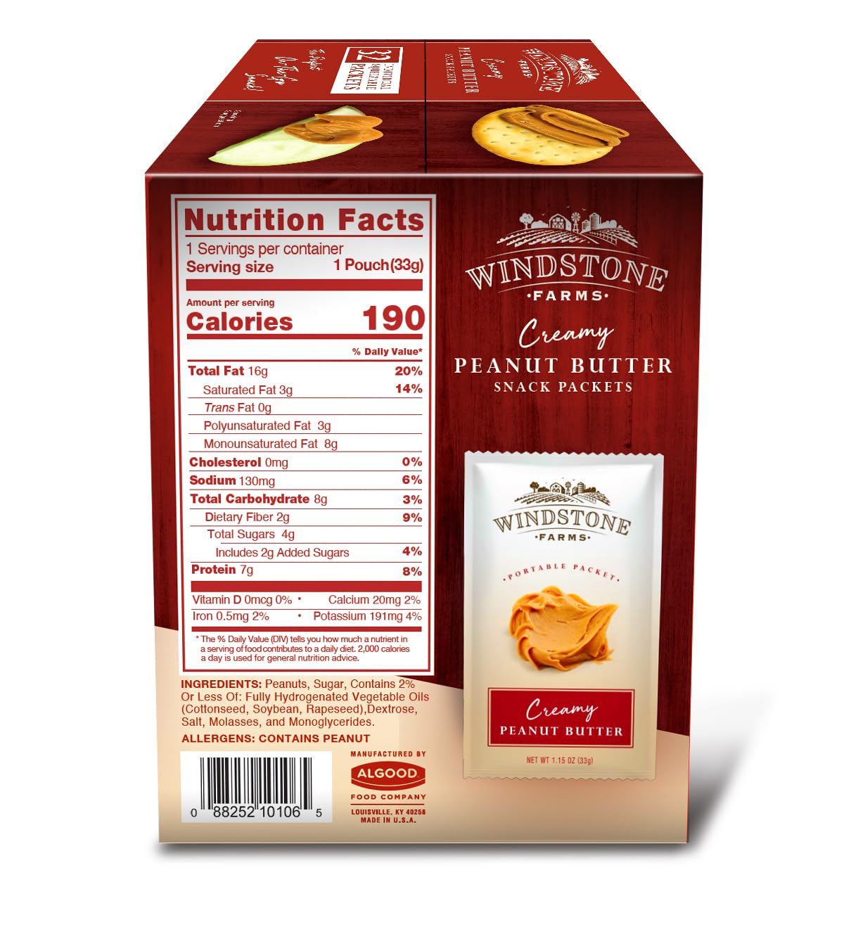 Windstone Farms packet spread on cracker illustrating quick snack convenience