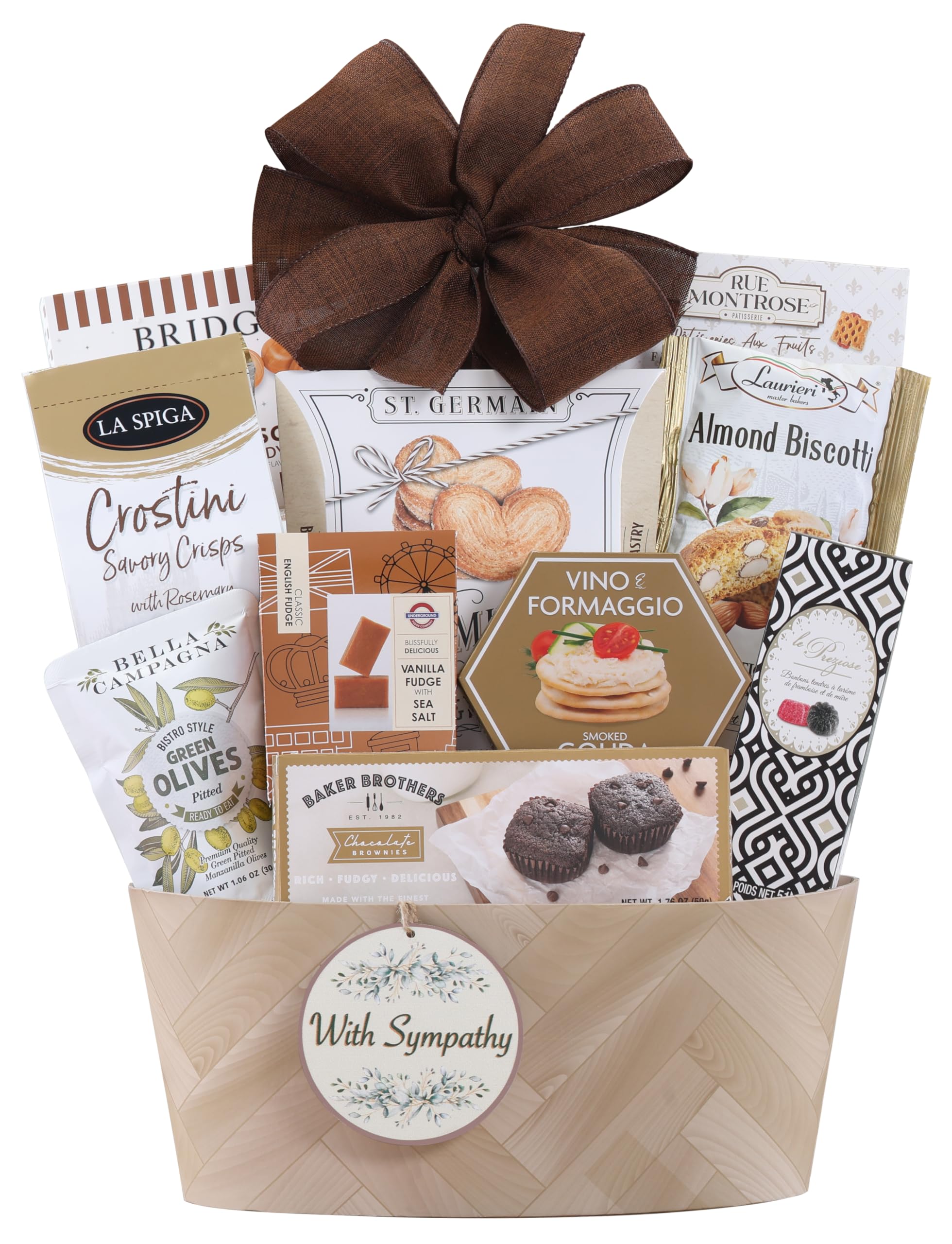 Wine Country Gift Baskets front view of sympathy basket showing arranged treats and gift-ready presentation