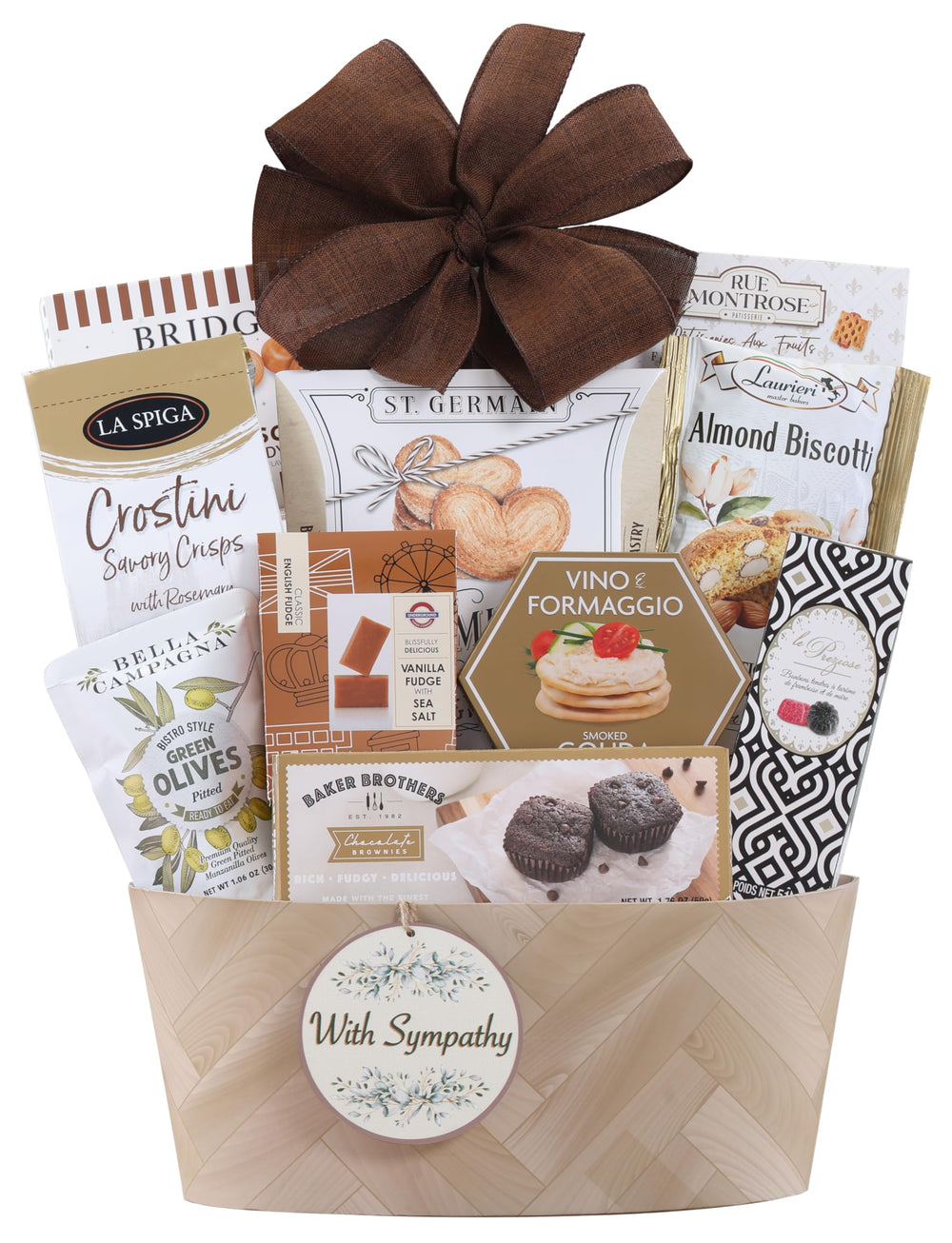 Wine Country Gift Baskets front view of sympathy basket showing arranged treats and gift-ready presentation