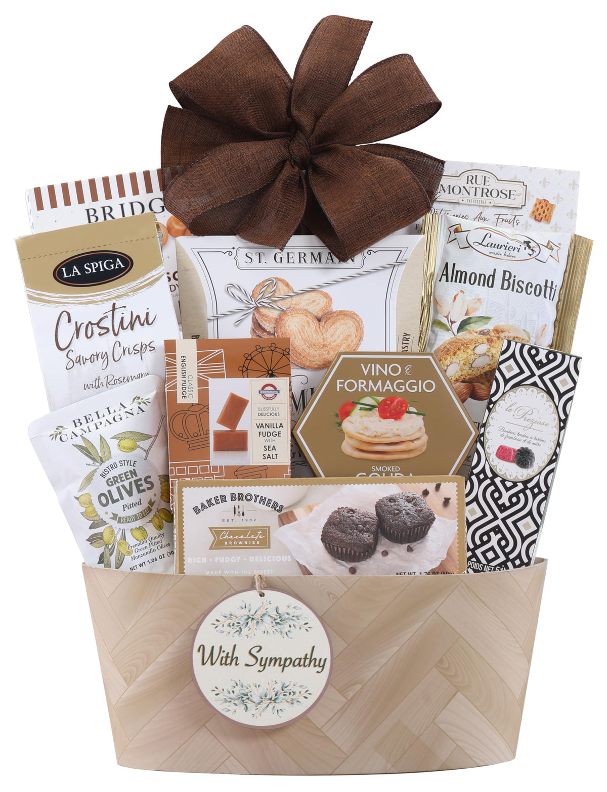 Wine Country Gift Baskets front view of sympathy basket showing arranged treats and gift-ready presentation