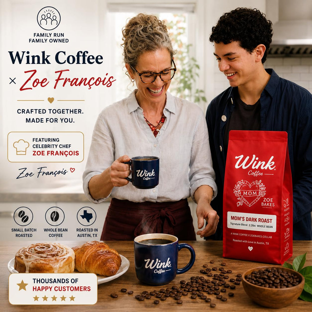 Wink Coffee close-up of whole beans highlighting smooth texture and freshness benefit