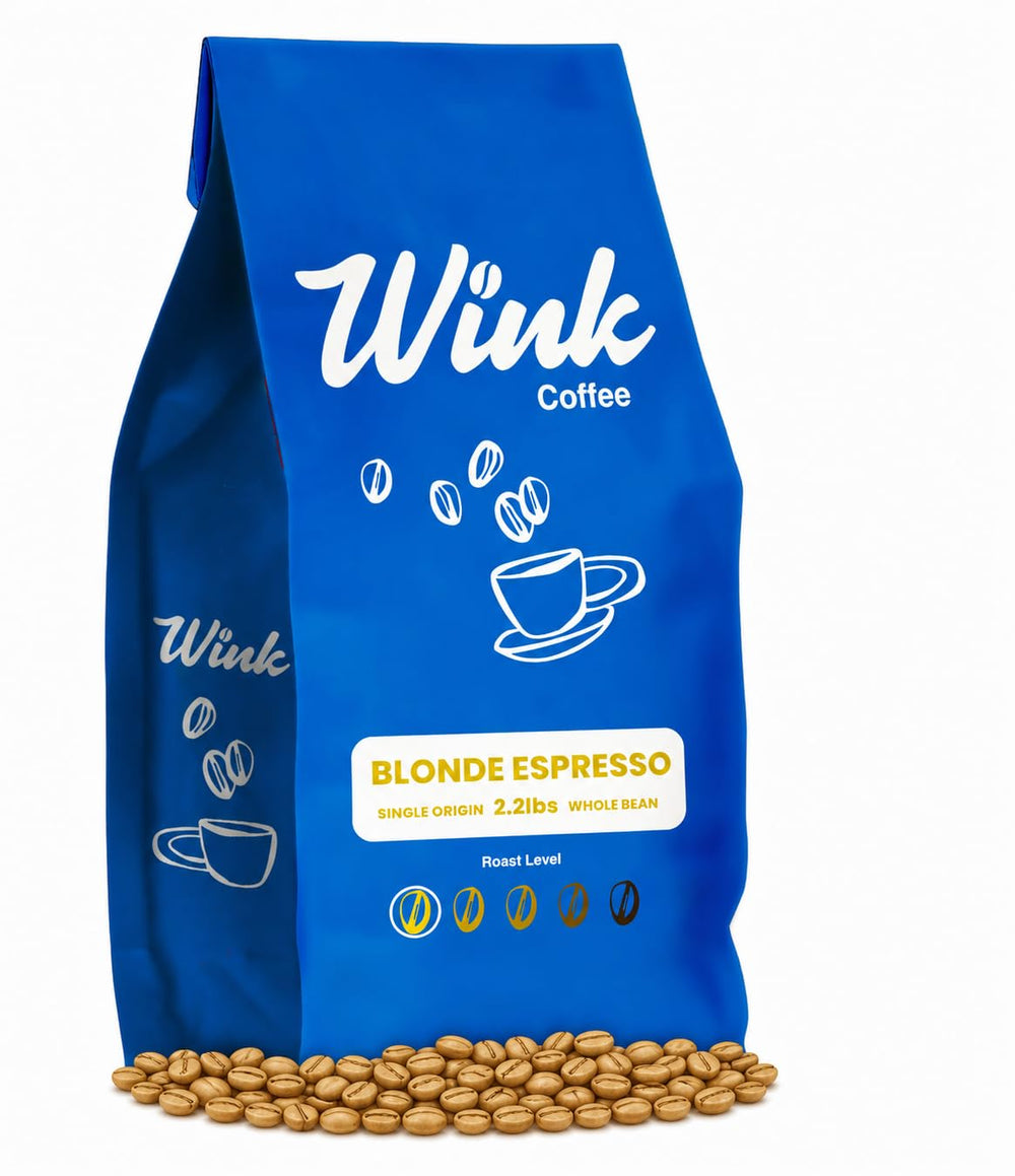 Wink Coffee front of bag showing Blond Espresso branding and bag design benefit: easy identification