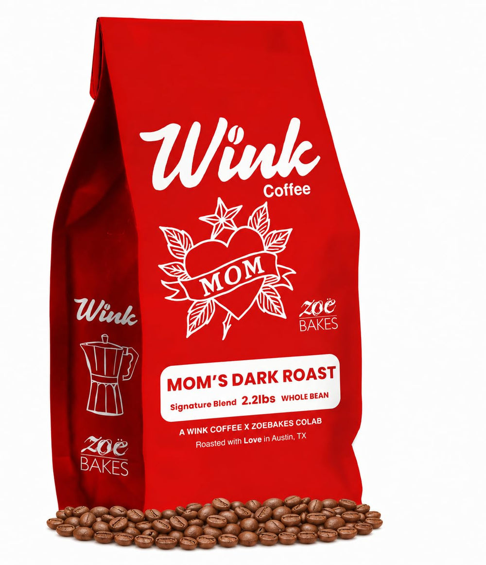 Wink Coffee front packaging showing 2.2 lb bag and branding benefits