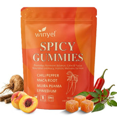WINYEL front packaging showing spicy peach cubes and 30-piece pack for sharing