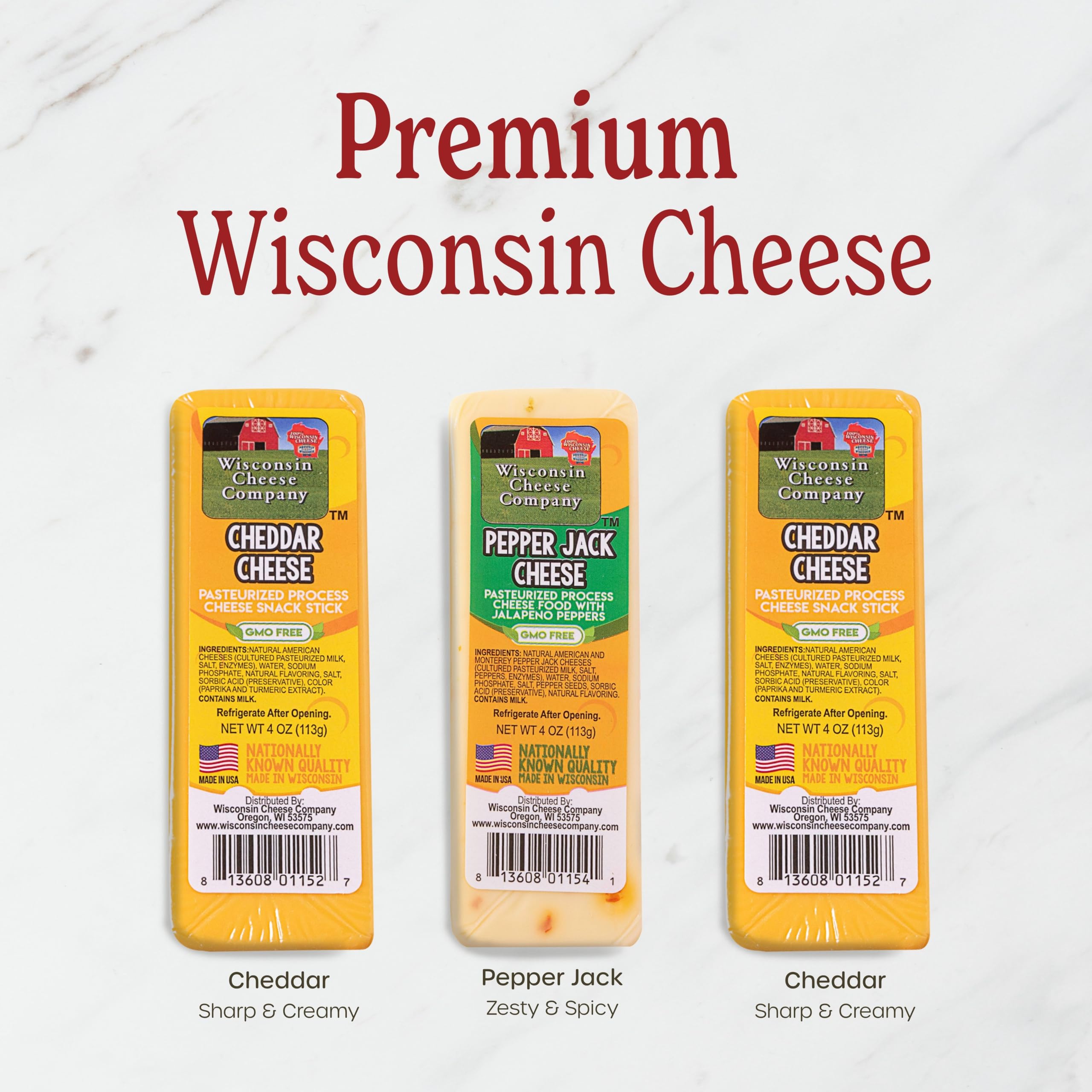 Three Wisconsin Cheese Company cheese blocks displayed to show creamy texture and bold color