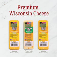 Three Wisconsin Cheese Company cheese blocks displayed to show creamy texture and bold color