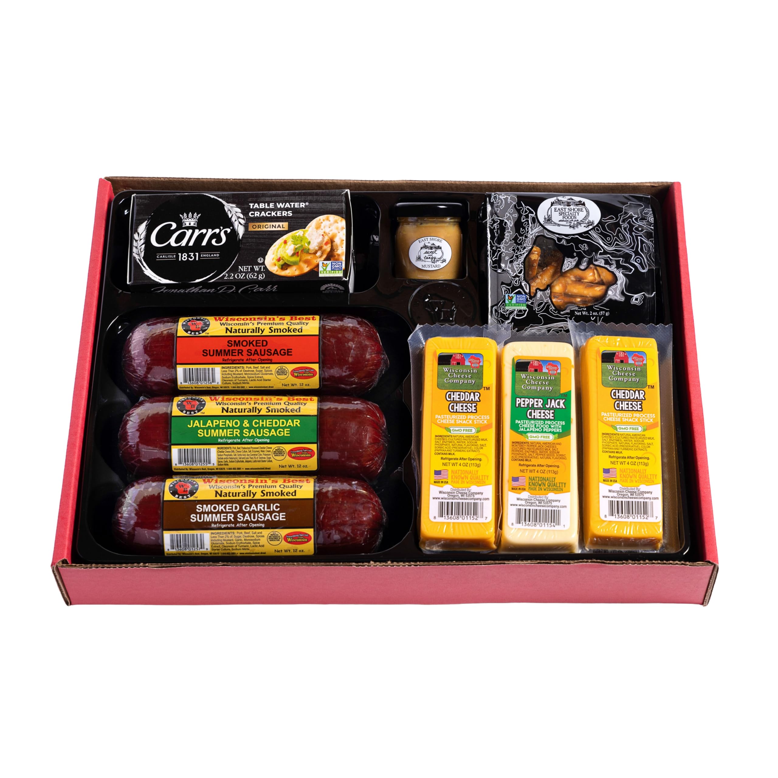 Wisconsin Cheese Company gift box front view showing all included items for easy gifting