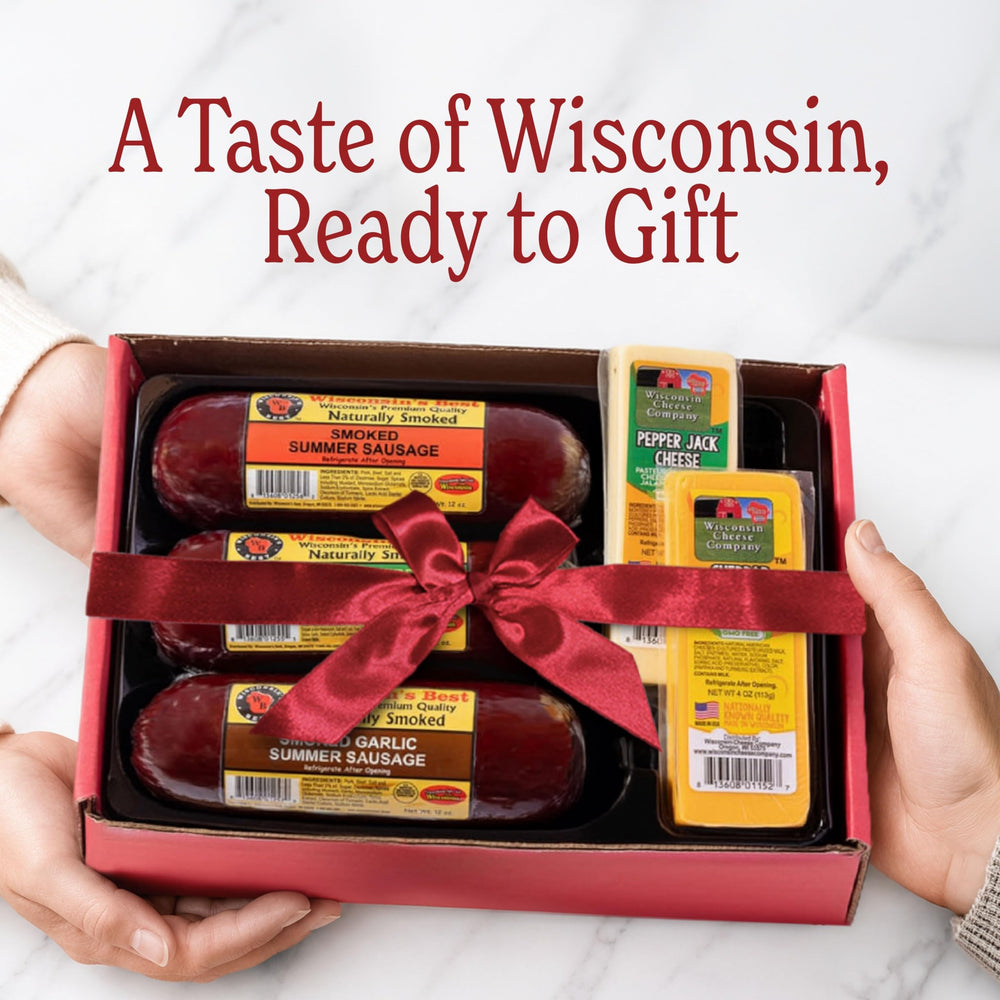 WISCONSIN CHEESE COMPANY product label close-up shows ingredients and authentic origin