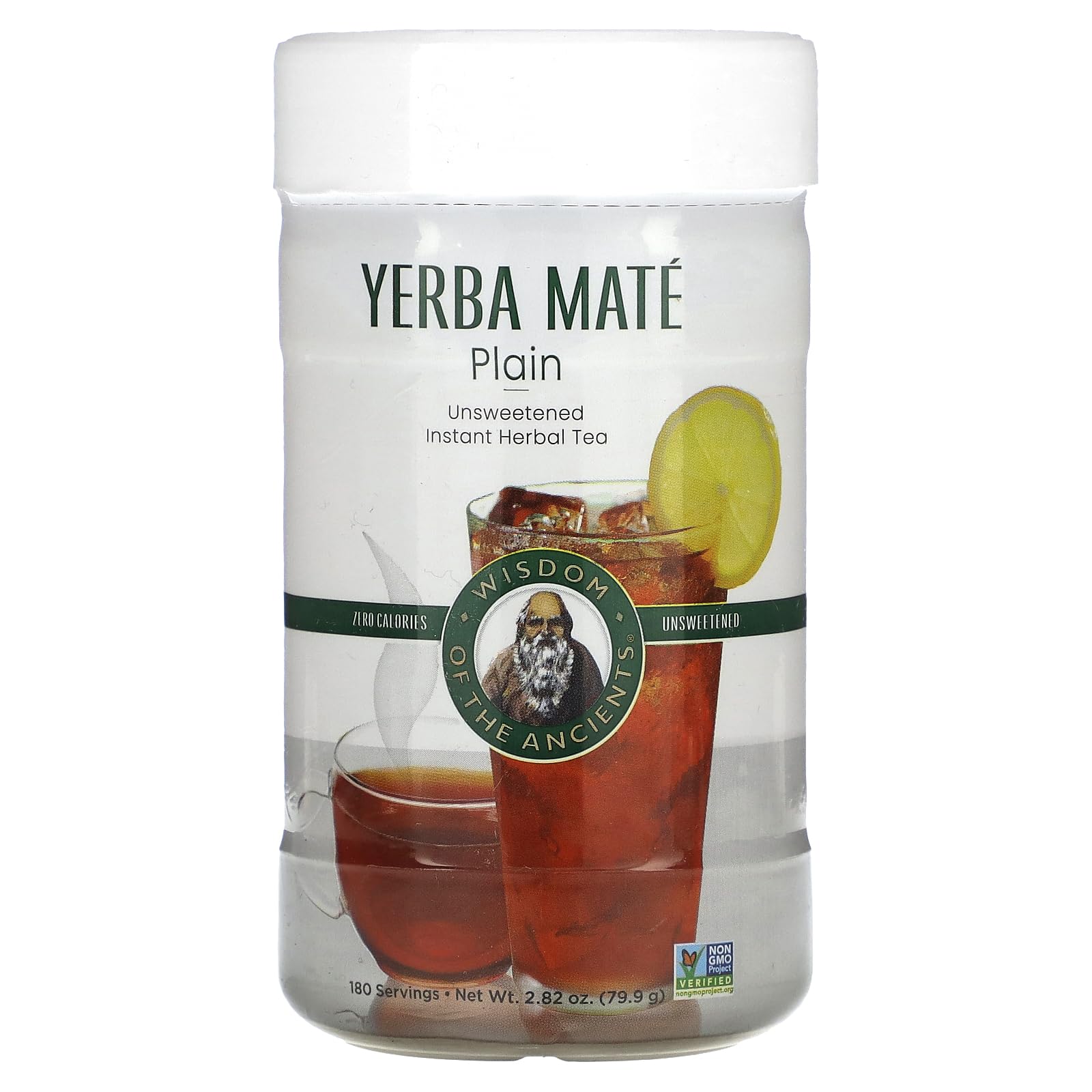 Wisdom of the Ancients jar front label showing unsweetened instant yerba mate — clear packaging for easy identification and convenience