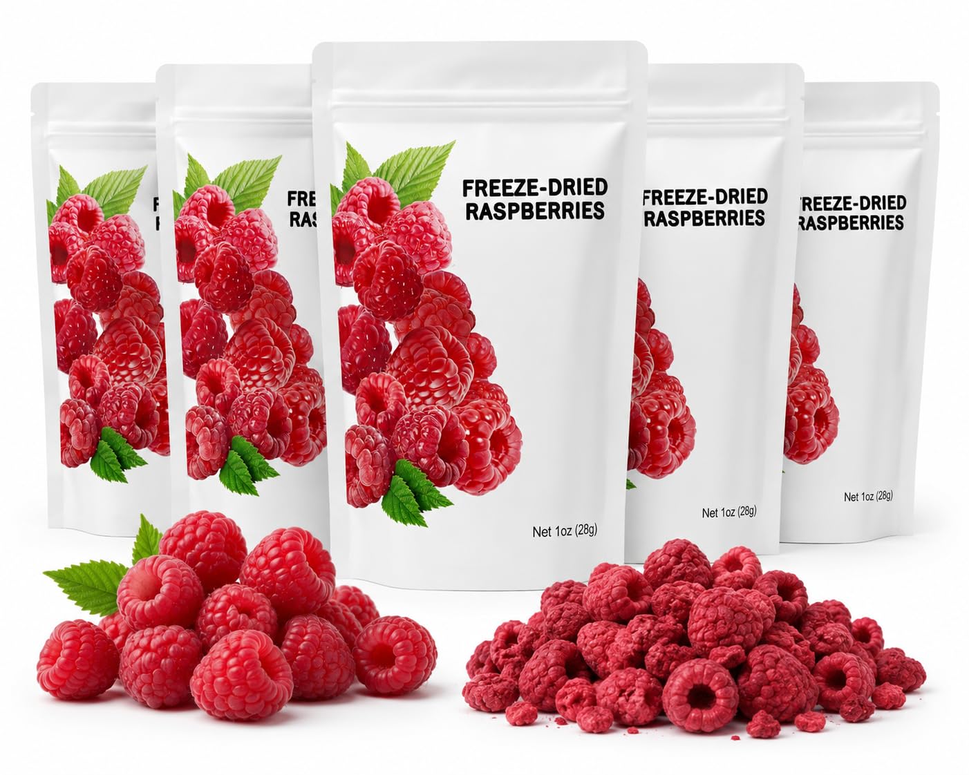 Wise Harvest front packaging showing five resealable raspberry pouches and convenience