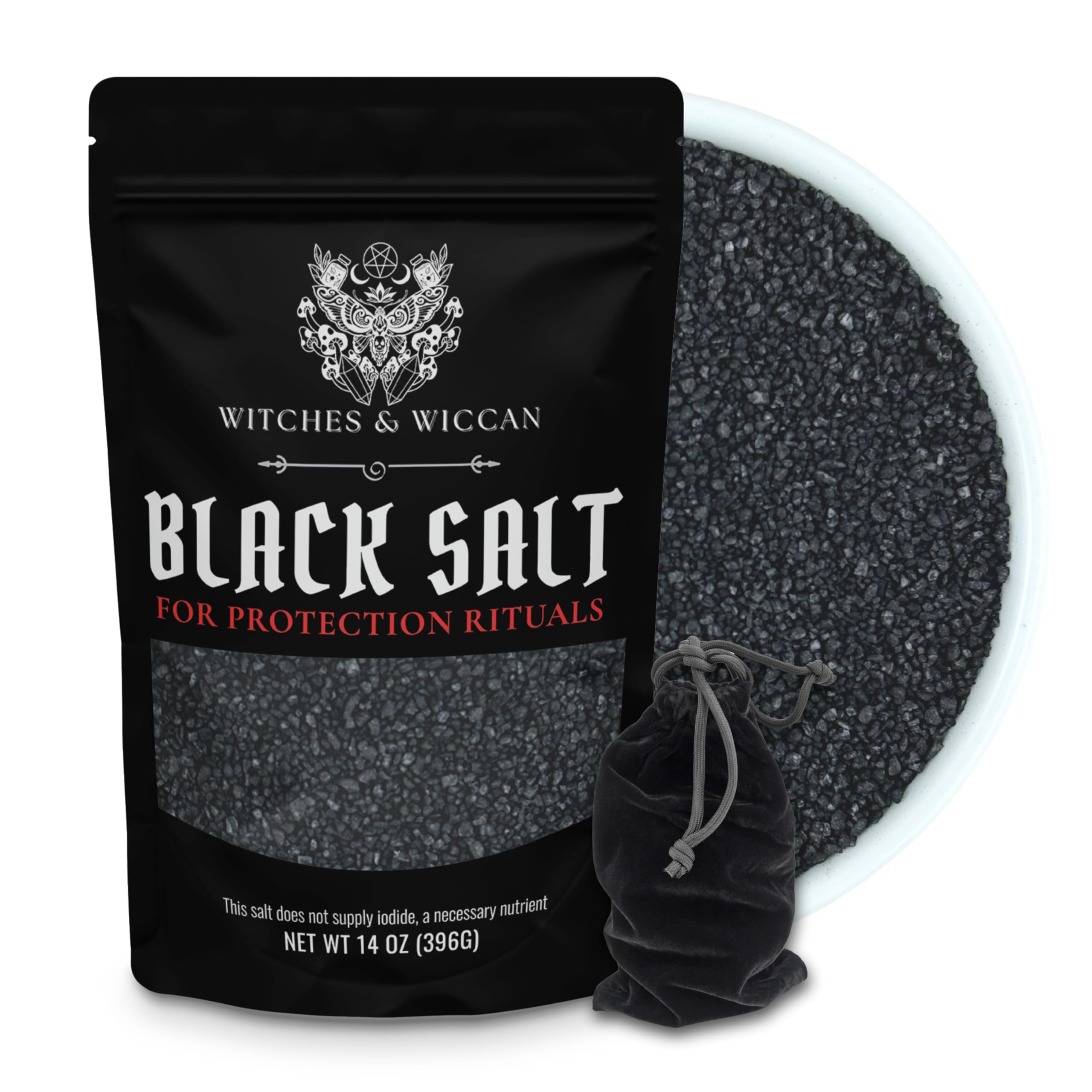 Witches & Wiccan front jar view showing protective black salt and clear labeling benefit clarity